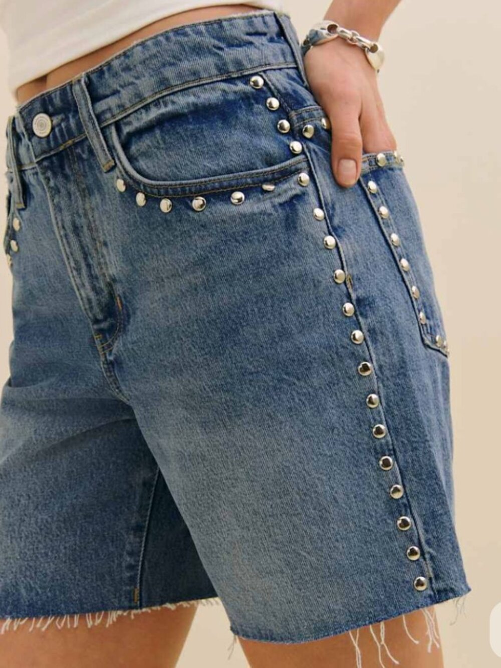 Reformation Blue Studded Denim Shorts